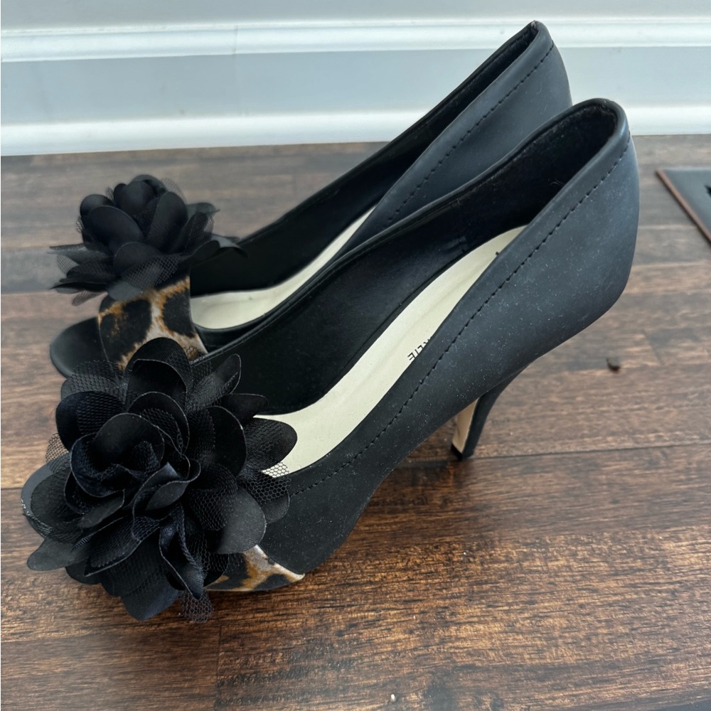 Charming Charlie black, leopard peep toe heels